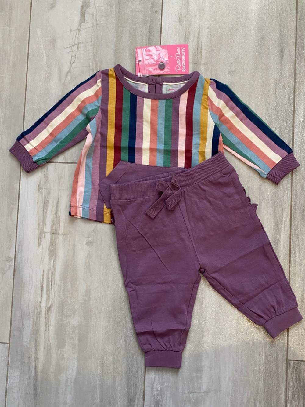 NWT RuffleButts Enchanted Rainbow Stripe Long Sleeve Top & Jogger Set girls 3-6M